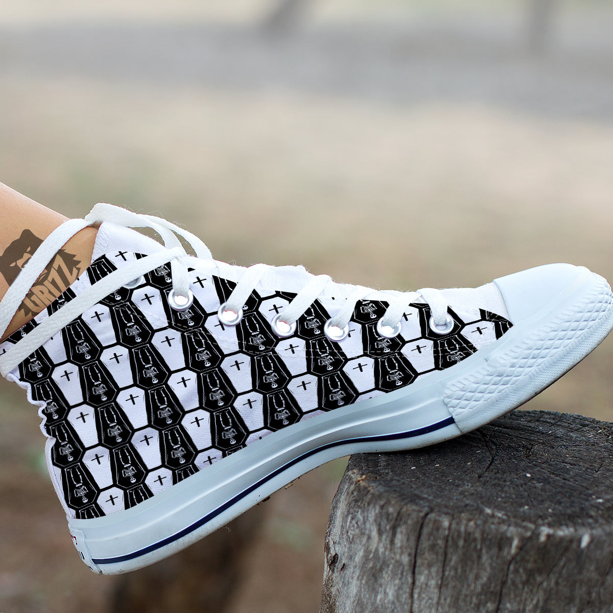 Coffin And Skeleton Print Pattern White High Top Shoes-grizzshop