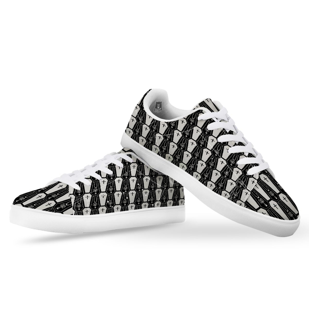 Coffin And Skeleton Print Pattern White Low Top Sneakers-grizzshop