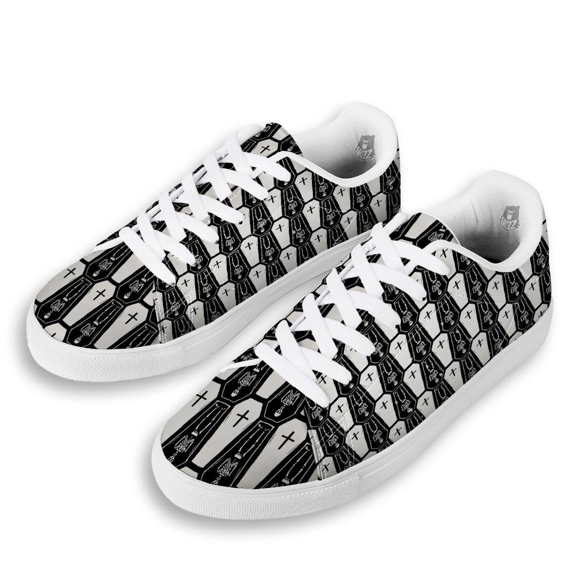 Coffin And Skeleton Print Pattern White Low Top Sneakers-grizzshop