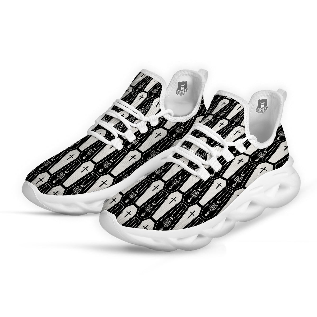 Coffin And Skeleton Print Pattern White Running Shoes-grizzshop