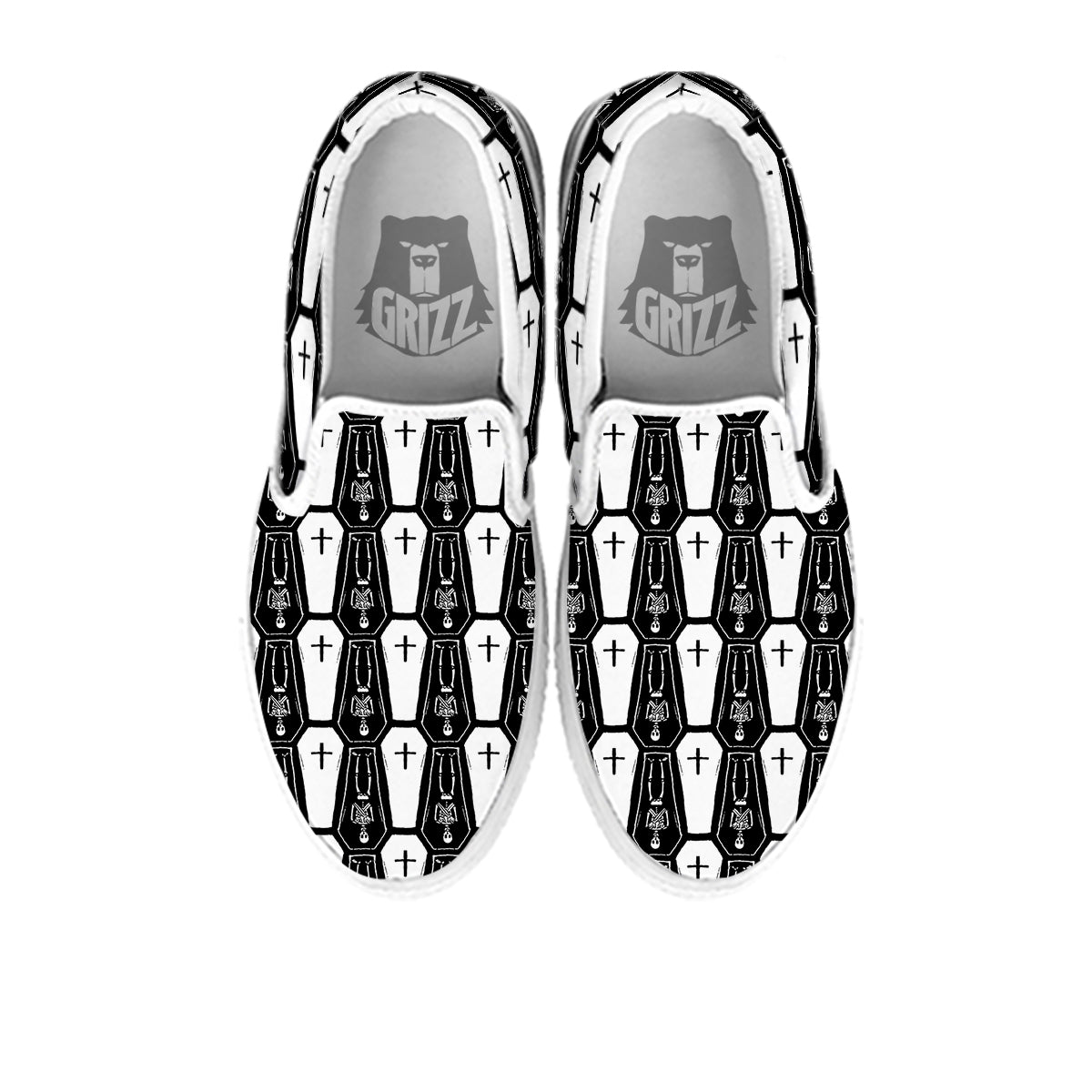Coffin And Skeleton Print Pattern White Slip On Shoes-grizzshop