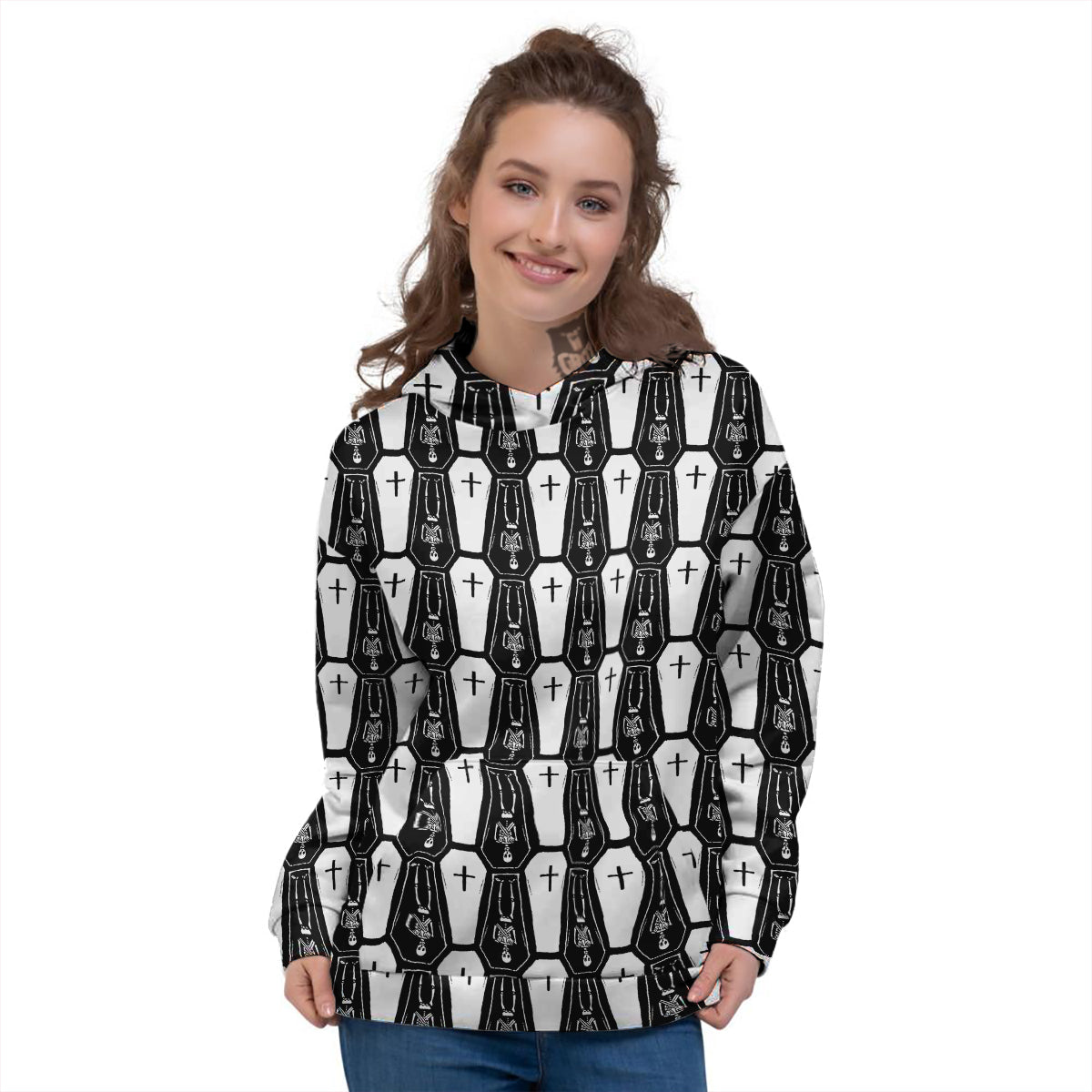Coffin And Skeleton Print Pattern Women's Hoodie-grizzshop