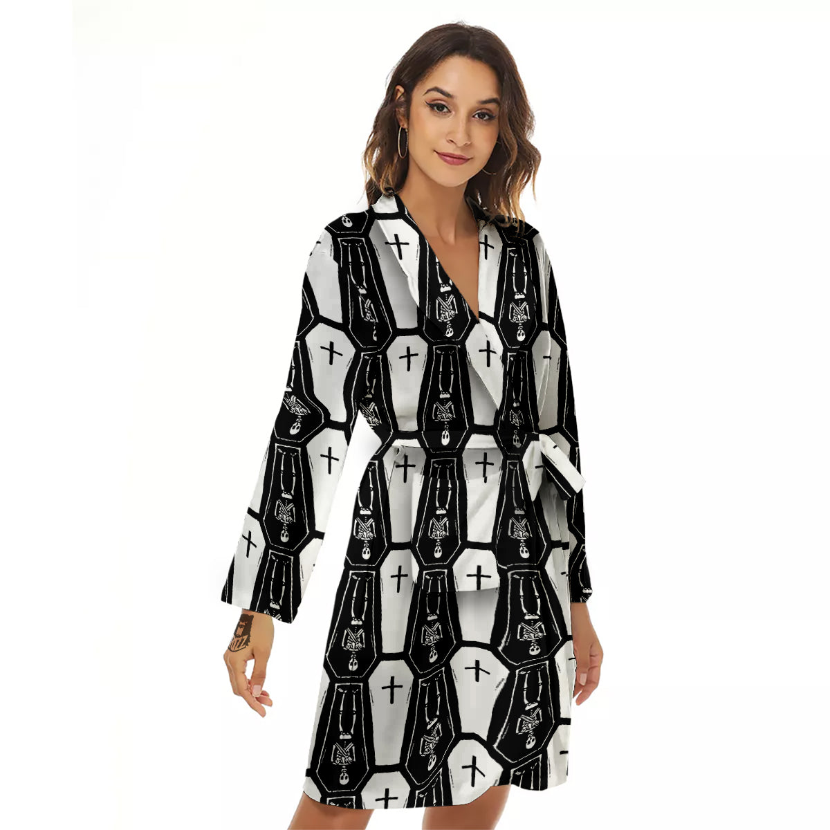 Coffin And Skeleton Print Pattern Women's Robe-grizzshop