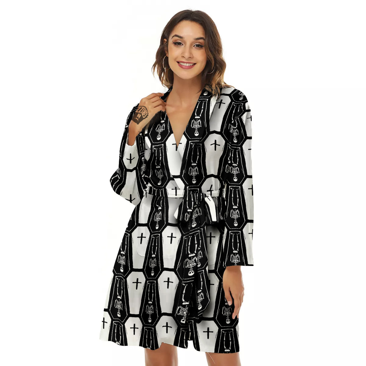 Coffin And Skeleton Print Pattern Women's Robe-grizzshop