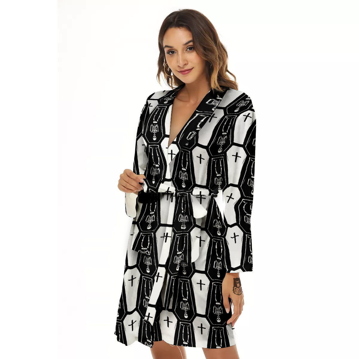Coffin And Skeleton Print Pattern Women's Robe-grizzshop