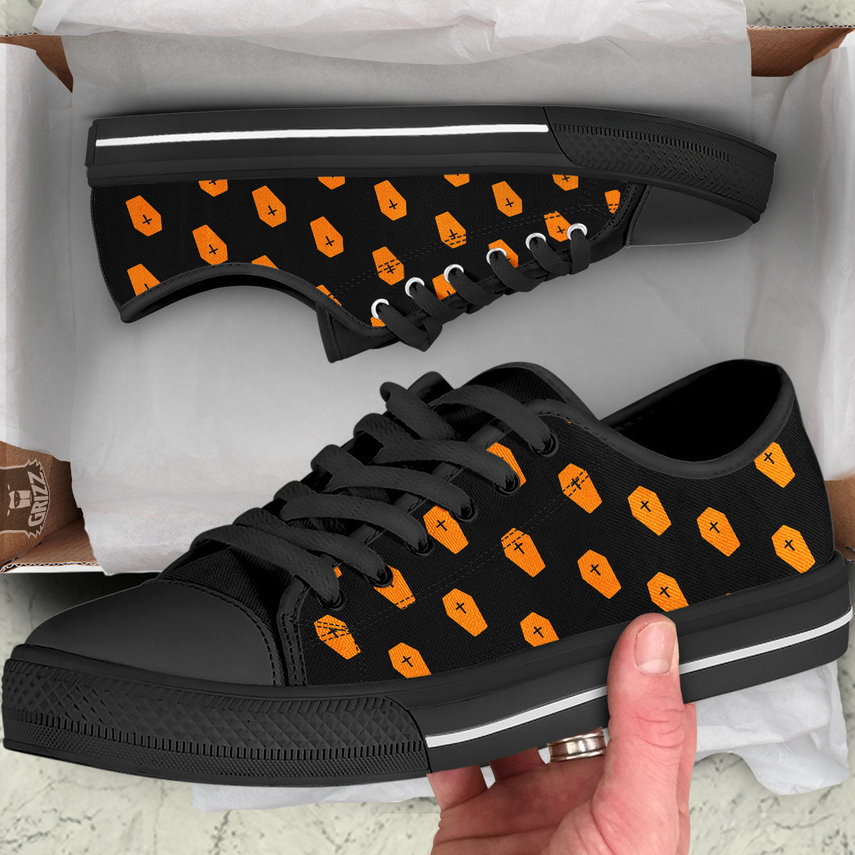 Coffin Orange Halloween Print Pattern Black Low Top Shoes-grizzshop