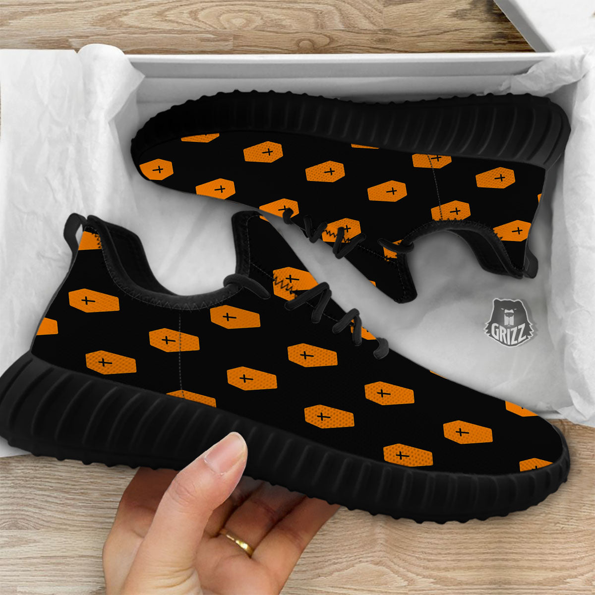 Coffin Orange Halloween Print Pattern Black Walking Shoes-grizzshop