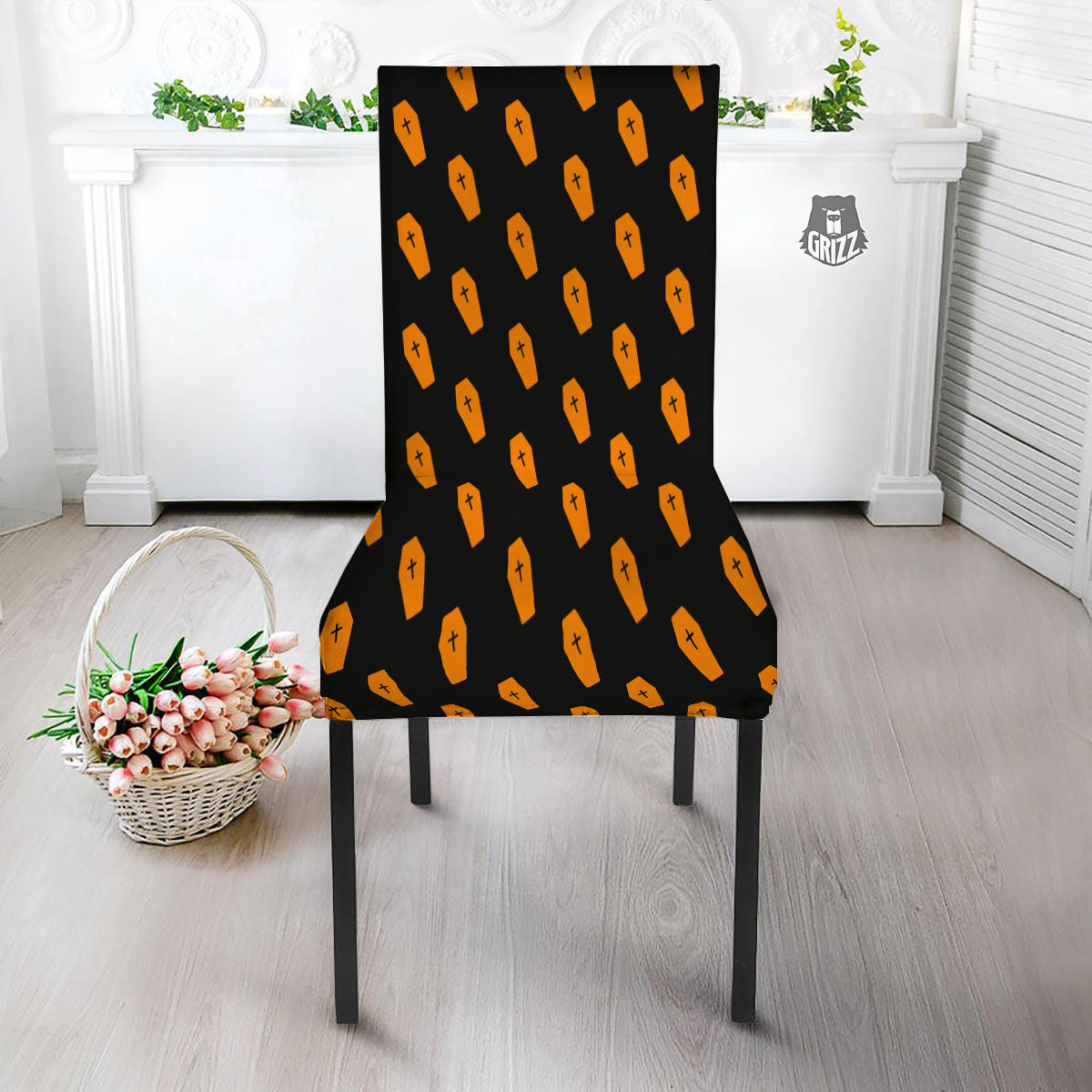 Coffin Orange Halloween Print Pattern Dining Chair Slipcover-grizzshop