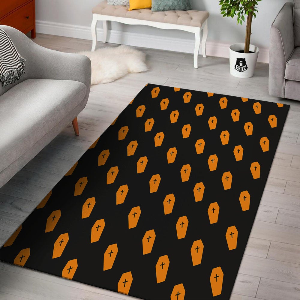 Coffin Orange Halloween Print Pattern Floor Mat-grizzshop