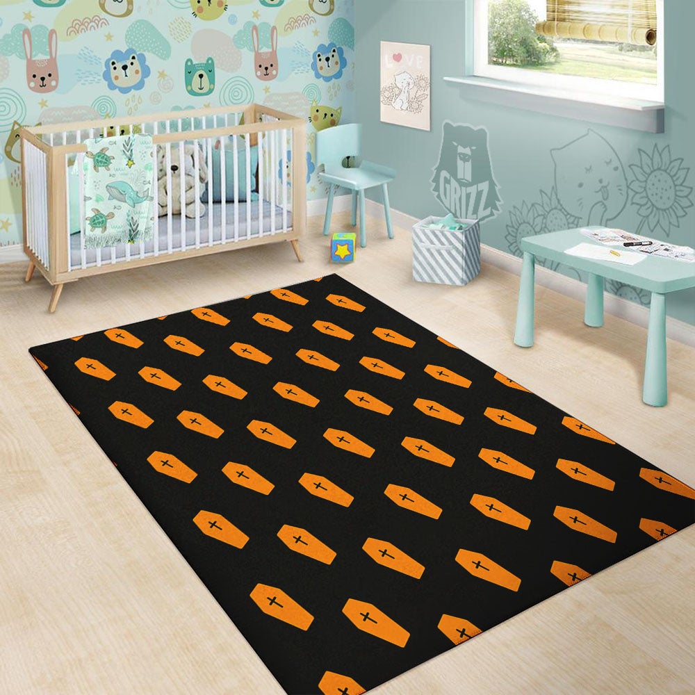 Coffin Orange Halloween Print Pattern Floor Mat-grizzshop