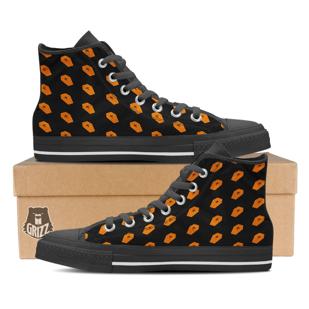 Coffin Orange Halloween Print Pattern High Top Shoes-grizzshop