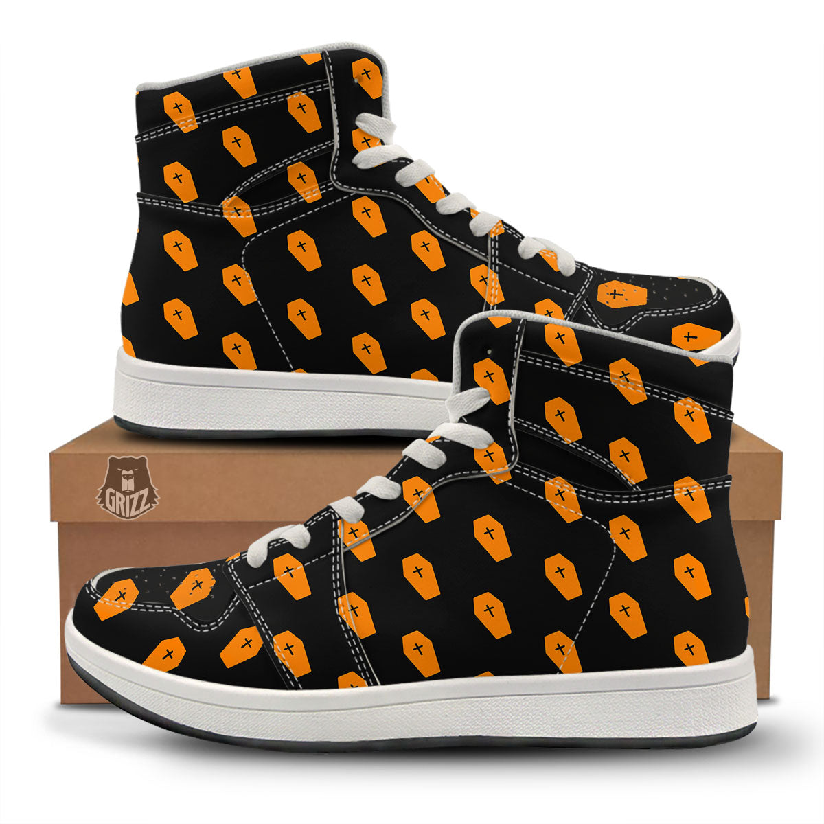 Coffin Orange Halloween Print Pattern High Top Sneakers-grizzshop
