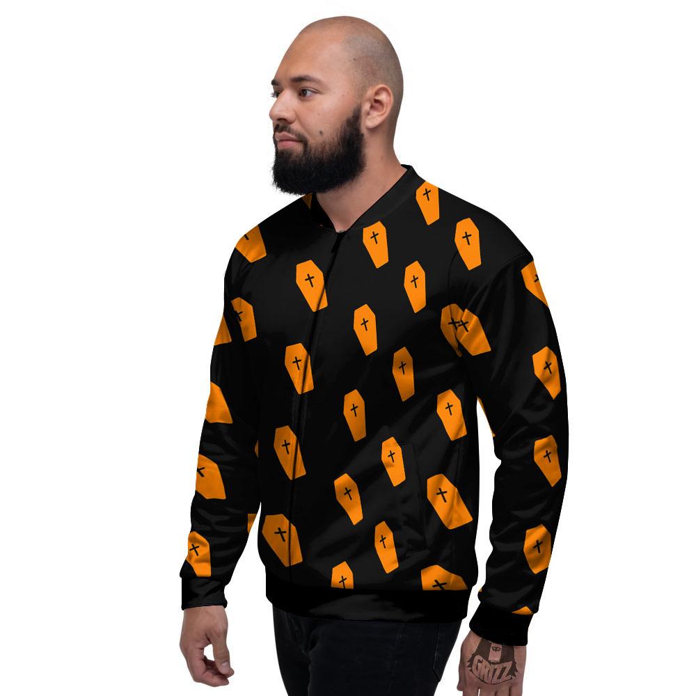 Coffin Orange Halloween Print Pattern Men's Bomber Jacket-grizzshop
