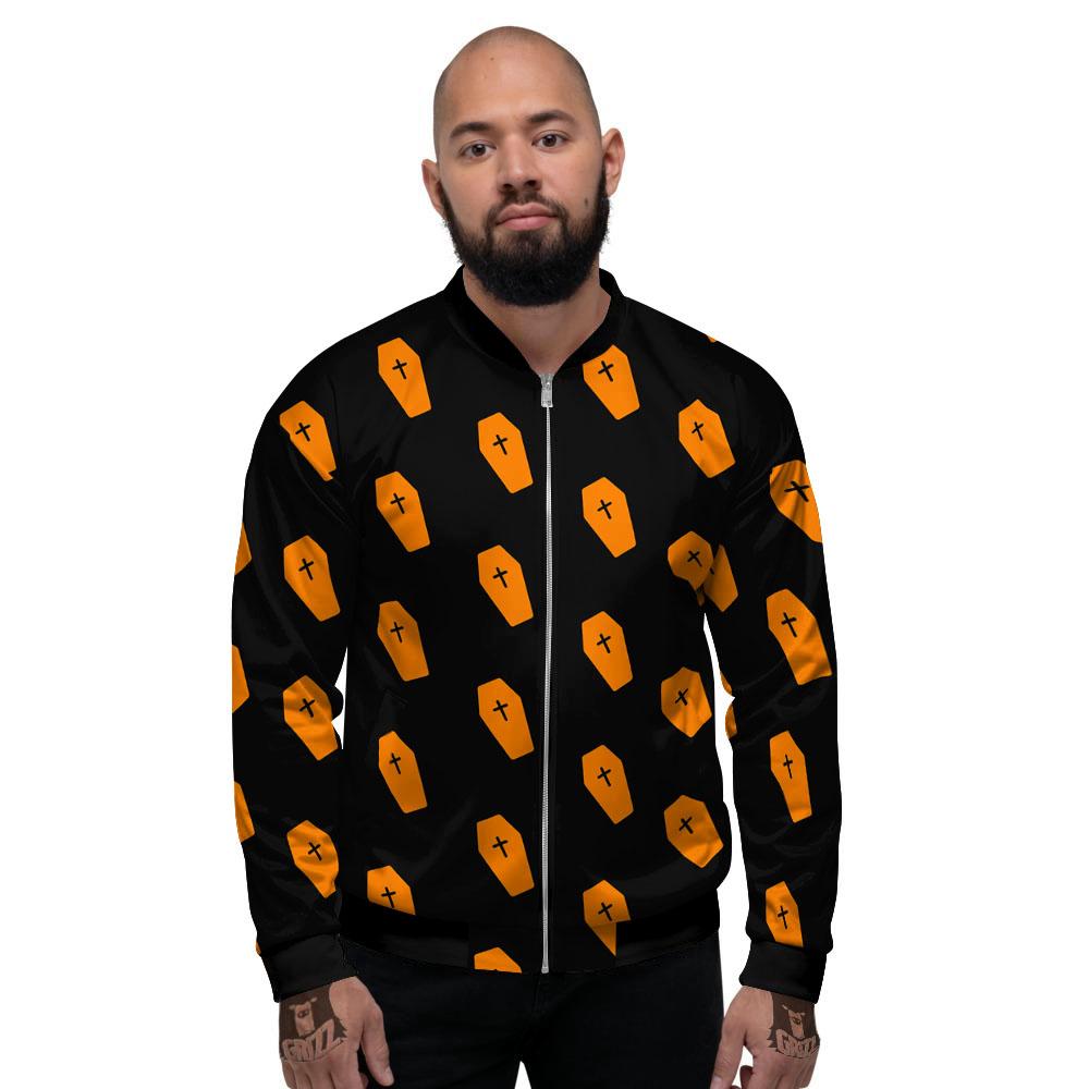 Coffin Orange Halloween Print Pattern Men's Bomber Jacket-grizzshop