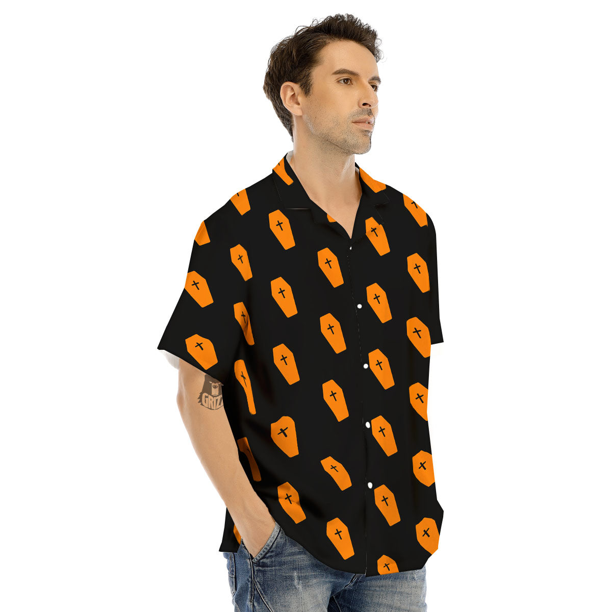 Coffin Orange Halloween Print Pattern Men's Hawaiian Shirt-grizzshop