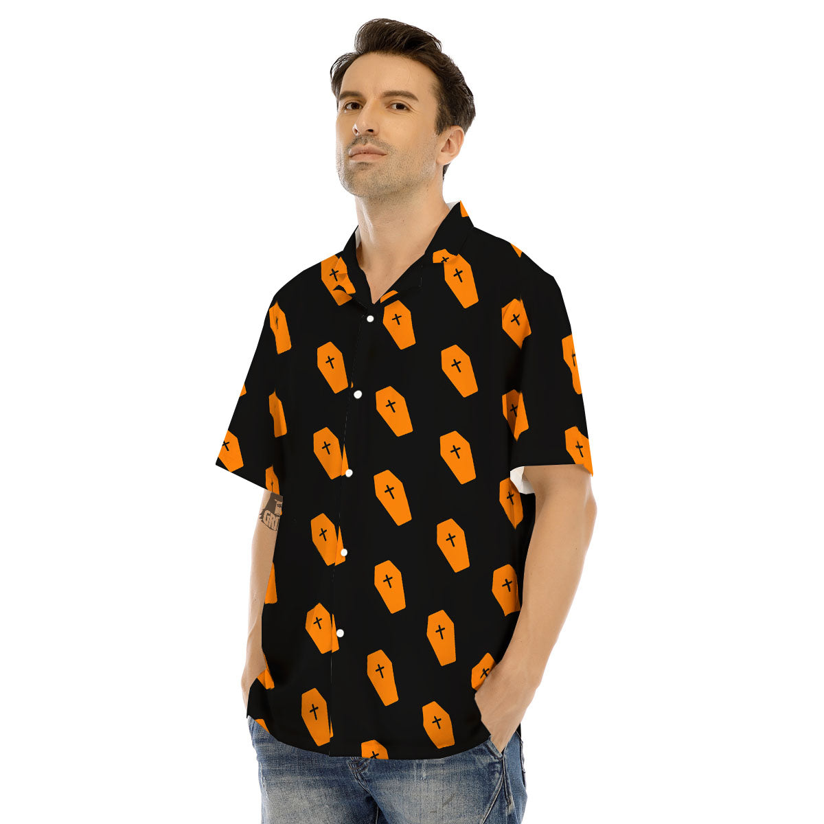Coffin Orange Halloween Print Pattern Men's Hawaiian Shirt-grizzshop