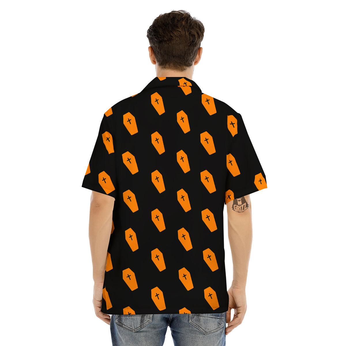 Coffin Orange Halloween Print Pattern Men's Hawaiian Shirt-grizzshop