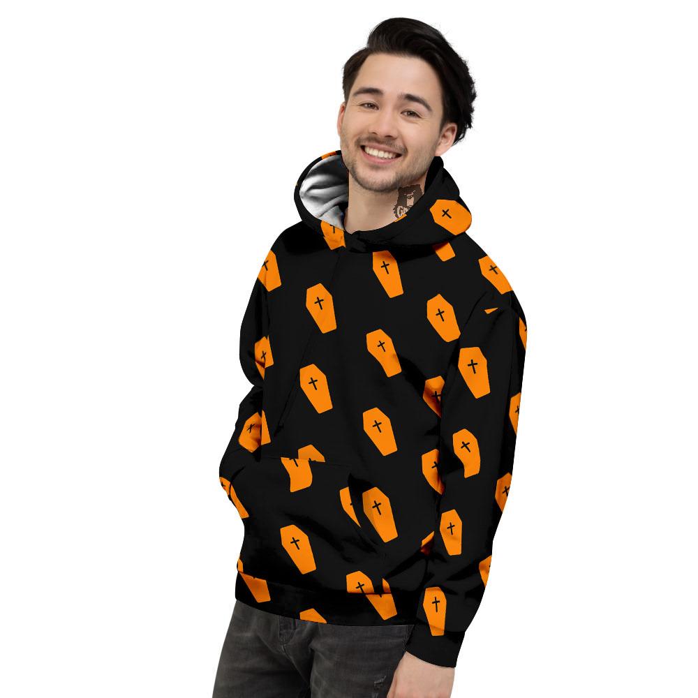 Coffin Orange Halloween Print Pattern Men's Hoodie-grizzshop