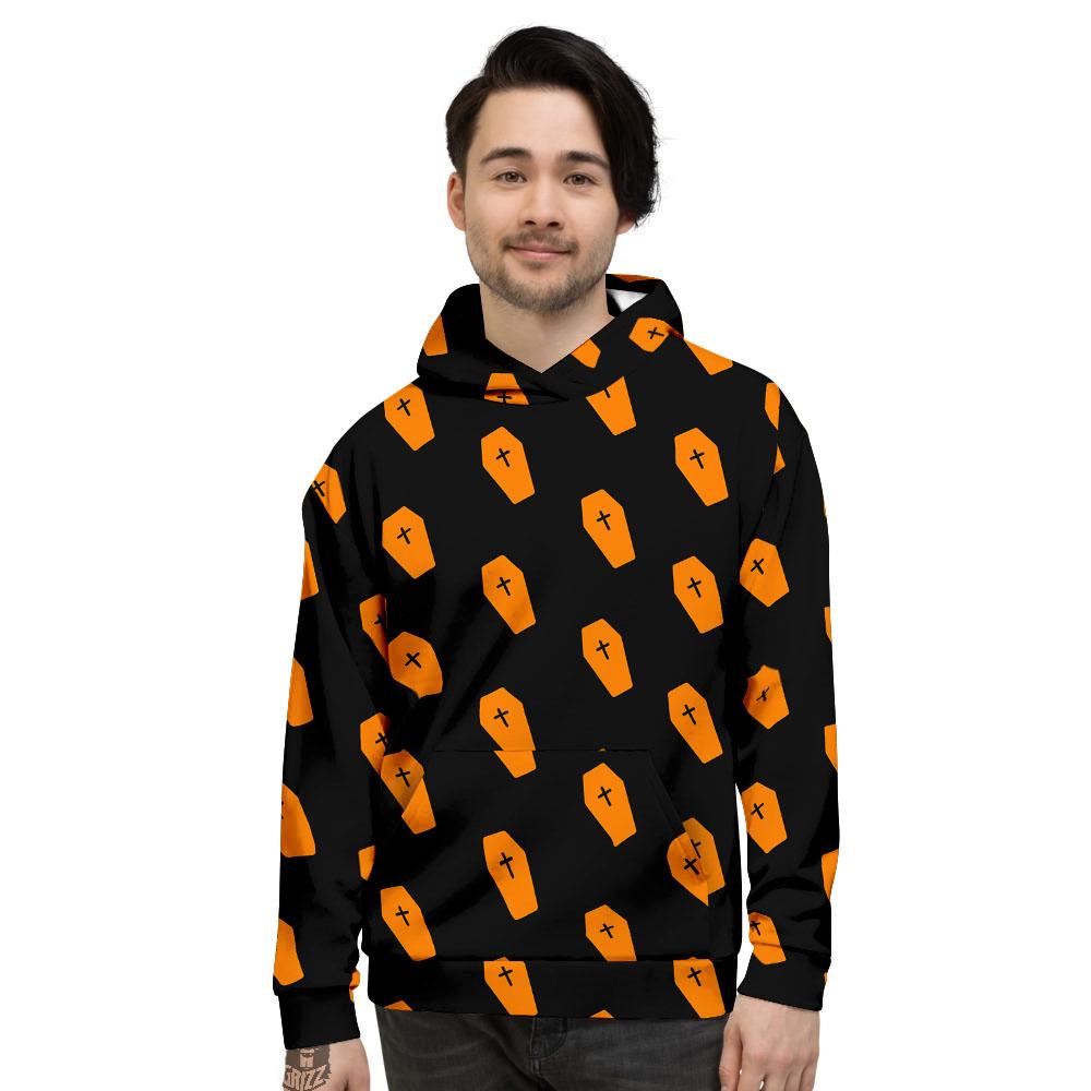 Coffin Orange Halloween Print Pattern Men's Hoodie-grizzshop