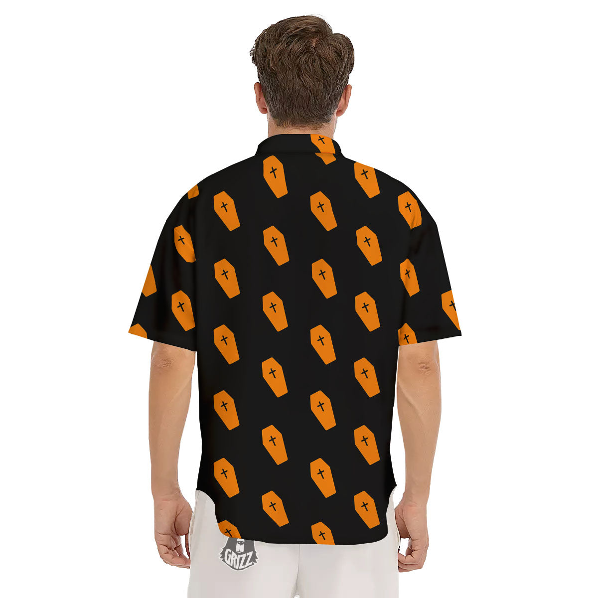 Coffin Orange Halloween Print Pattern Men's Short Sleeve Shirts-grizzshop