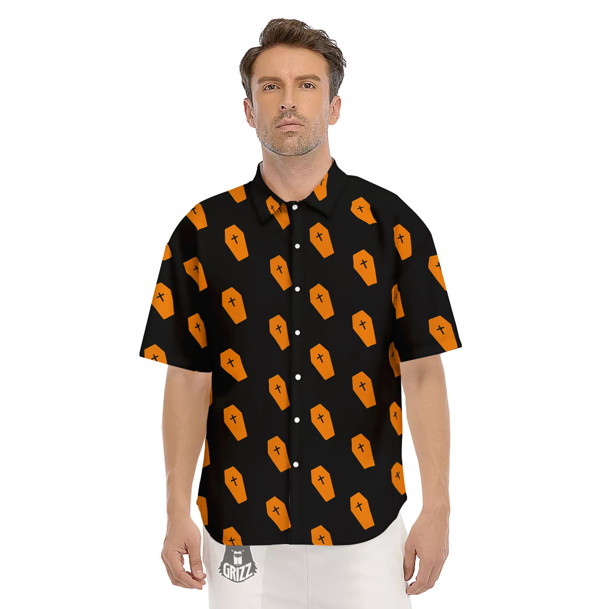 Coffin Orange Halloween Print Pattern Men's Short Sleeve Shirts-grizzshop