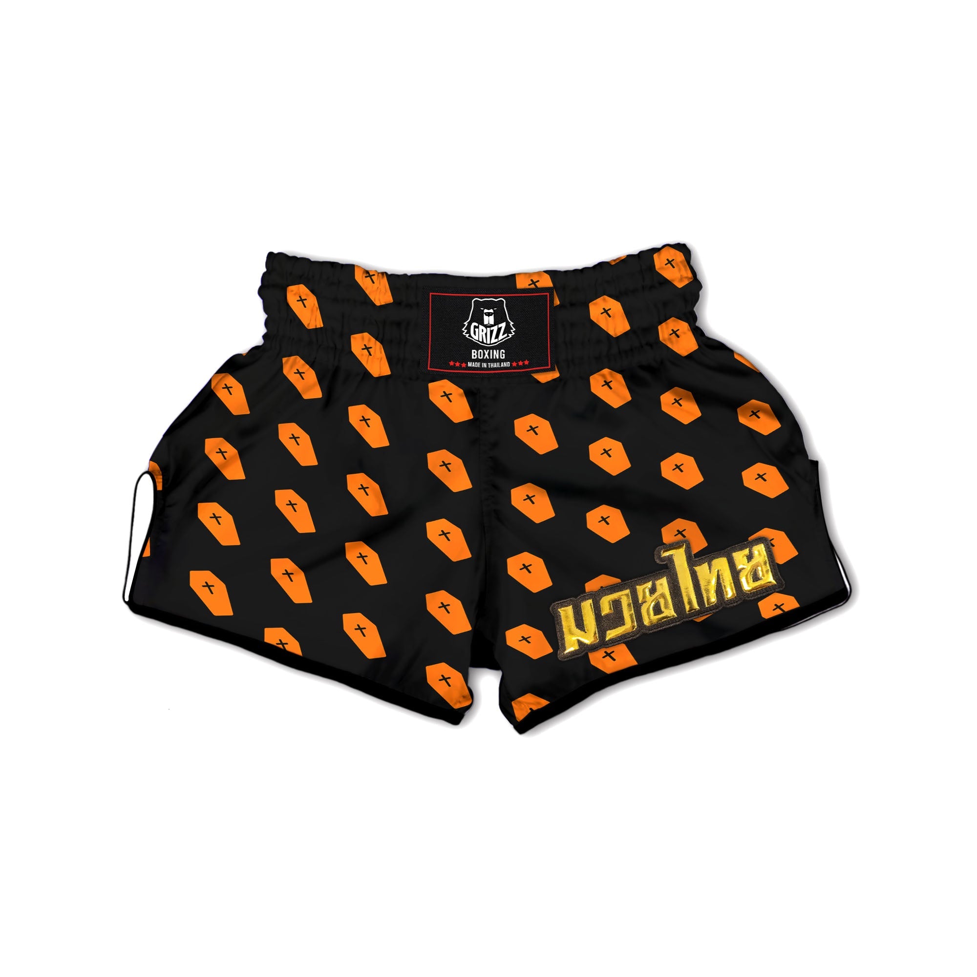 Coffin Orange Halloween Print Pattern Muay Thai Boxing Shorts-grizzshop