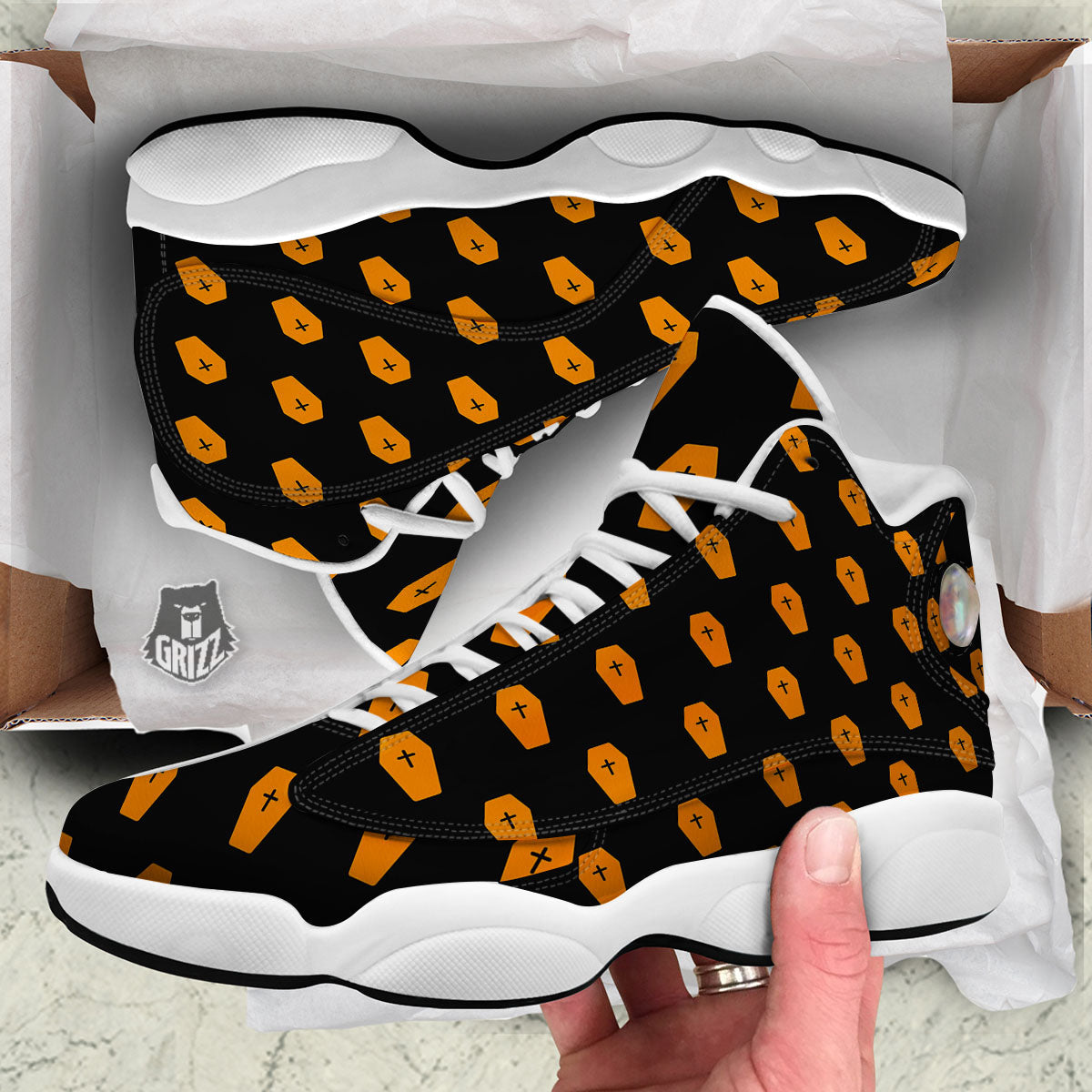 Coffin Orange Halloween Print Pattern White Basketball Shoes-grizzshop