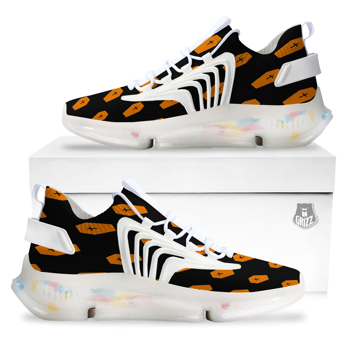 Coffin Orange Halloween Print Pattern White Gym Shoes-grizzshop