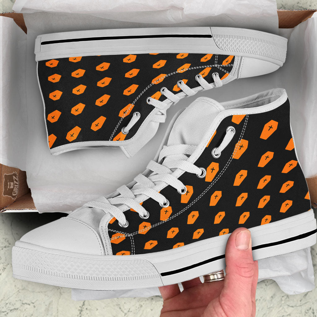 Coffin Orange Halloween Print Pattern White High Top Shoes-grizzshop