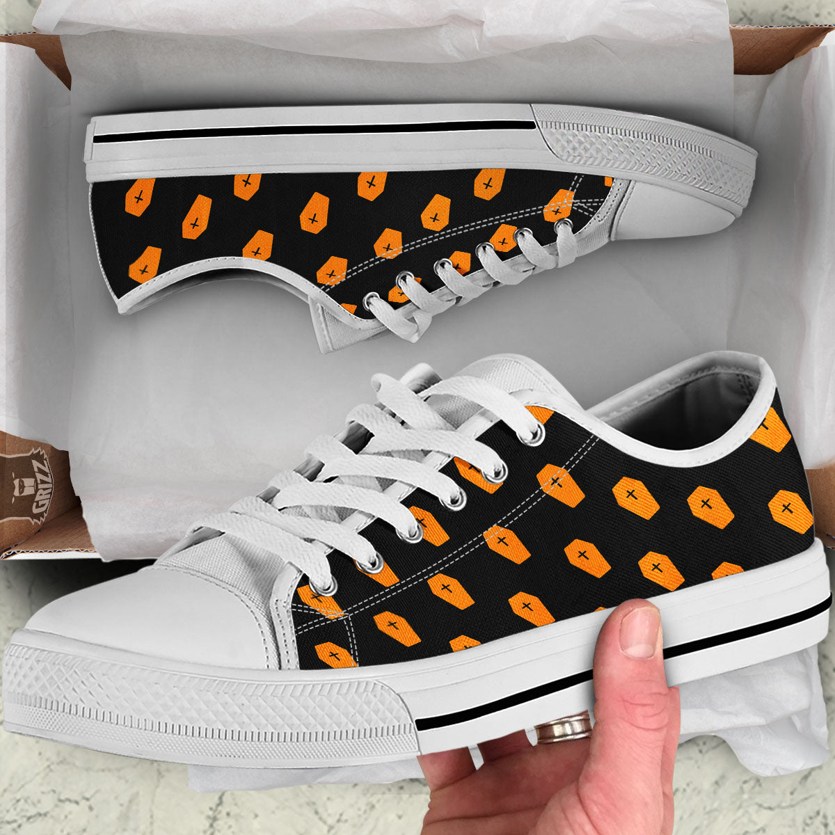 Coffin Orange Halloween Print Pattern White Low Top Shoes-grizzshop