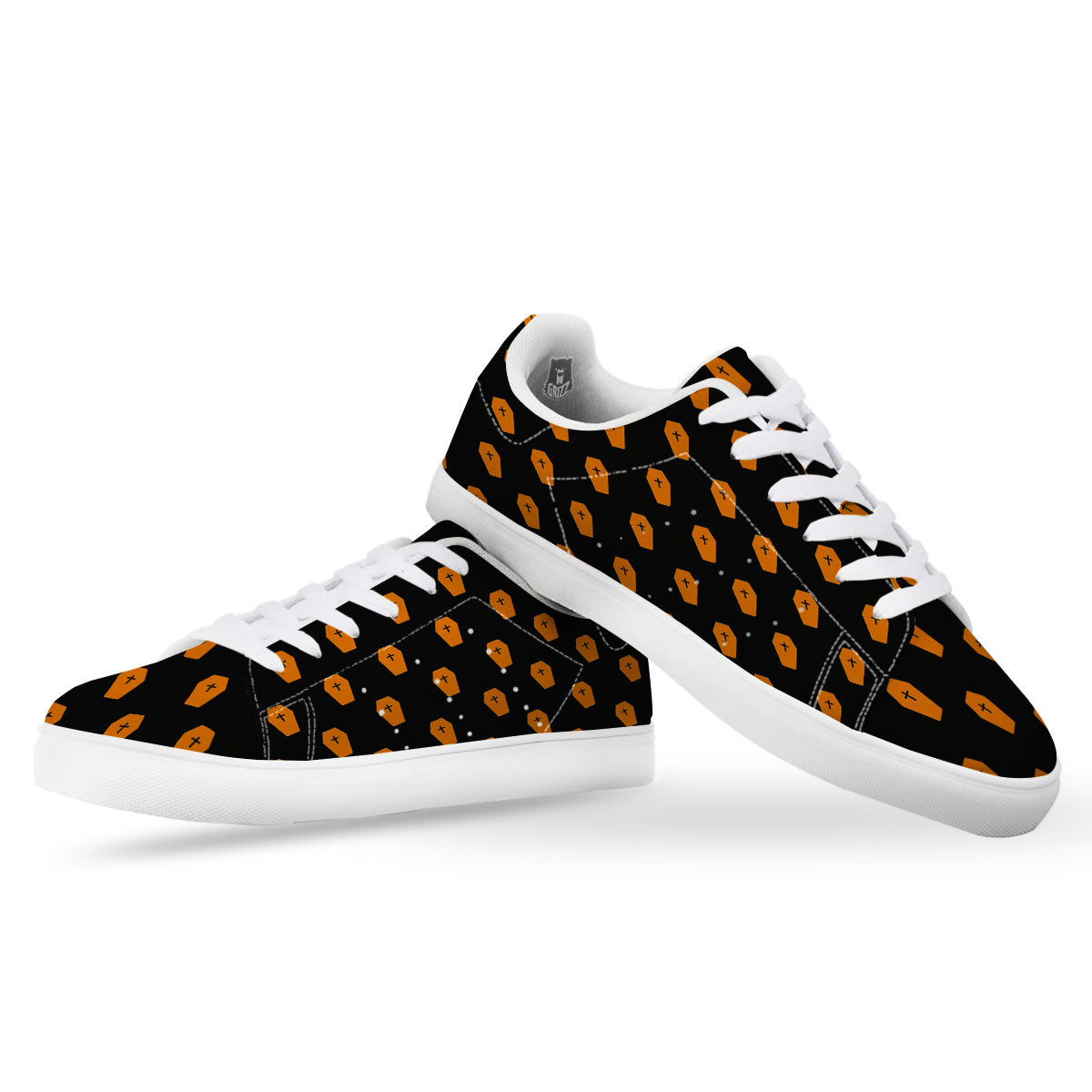 Coffin Orange Halloween Print Pattern White Low Top Sneakers-grizzshop