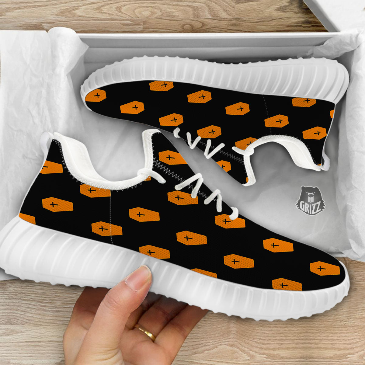 Coffin Orange Halloween Print Pattern White Walking Shoes-grizzshop