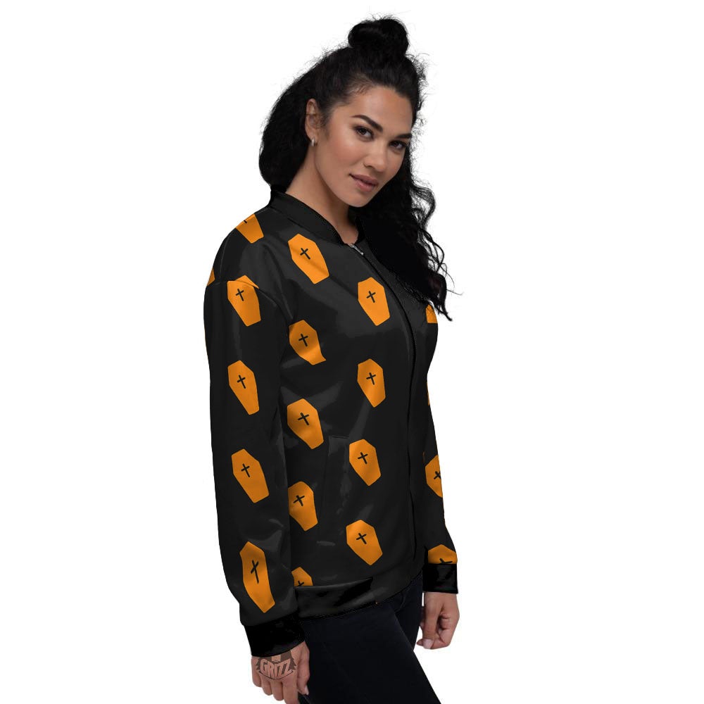 Coffin Orange Halloween Print Pattern Women's Bomber Jacket-grizzshop