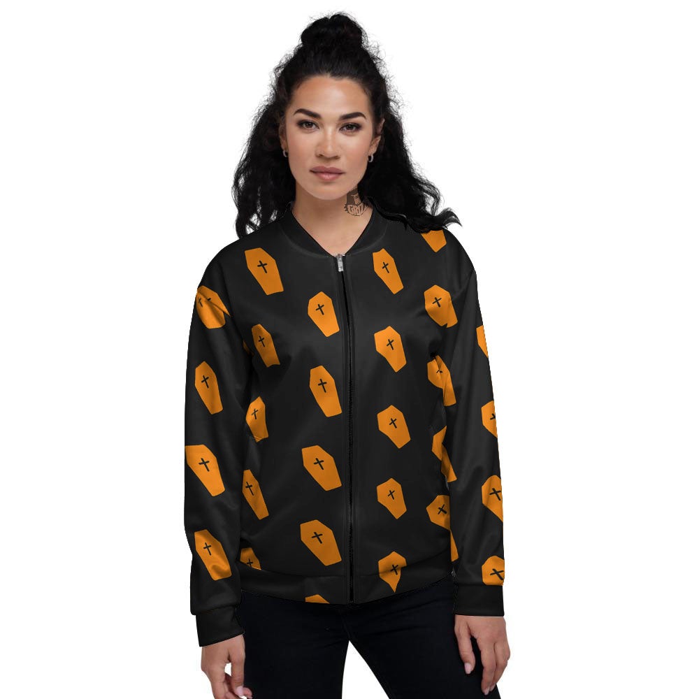 Coffin Orange Halloween Print Pattern Women's Bomber Jacket-grizzshop