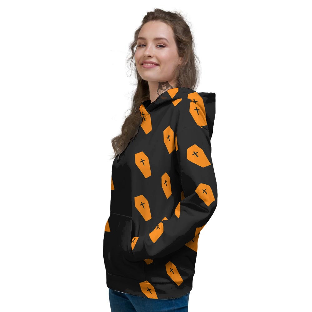 Coffin Orange Halloween Print Pattern Women's Hoodie-grizzshop