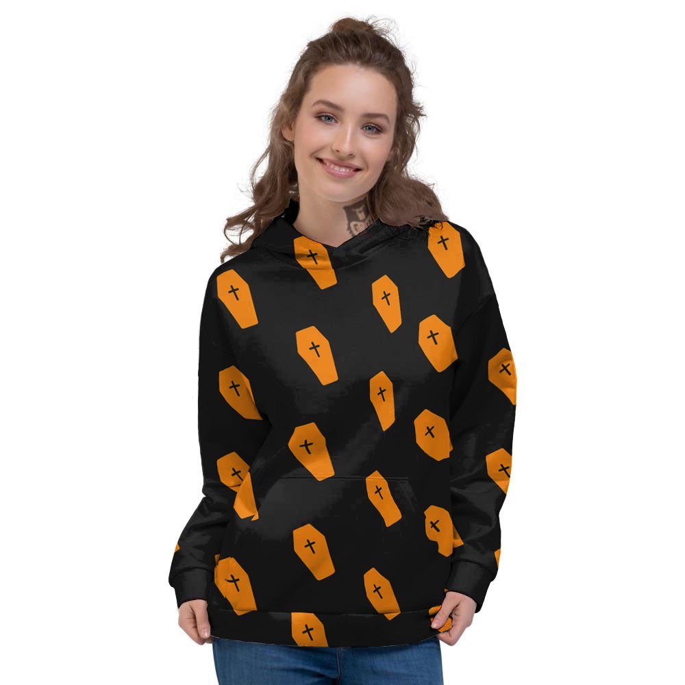 Coffin Orange Halloween Print Pattern Women's Hoodie-grizzshop