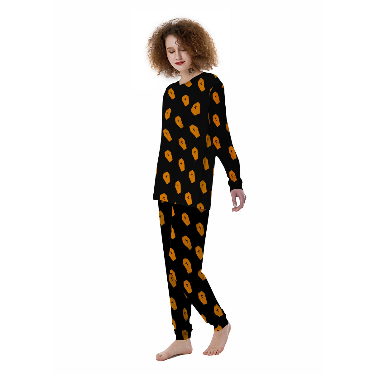 Coffin Orange Halloween Print Pattern Women's Pajamas-grizzshop
