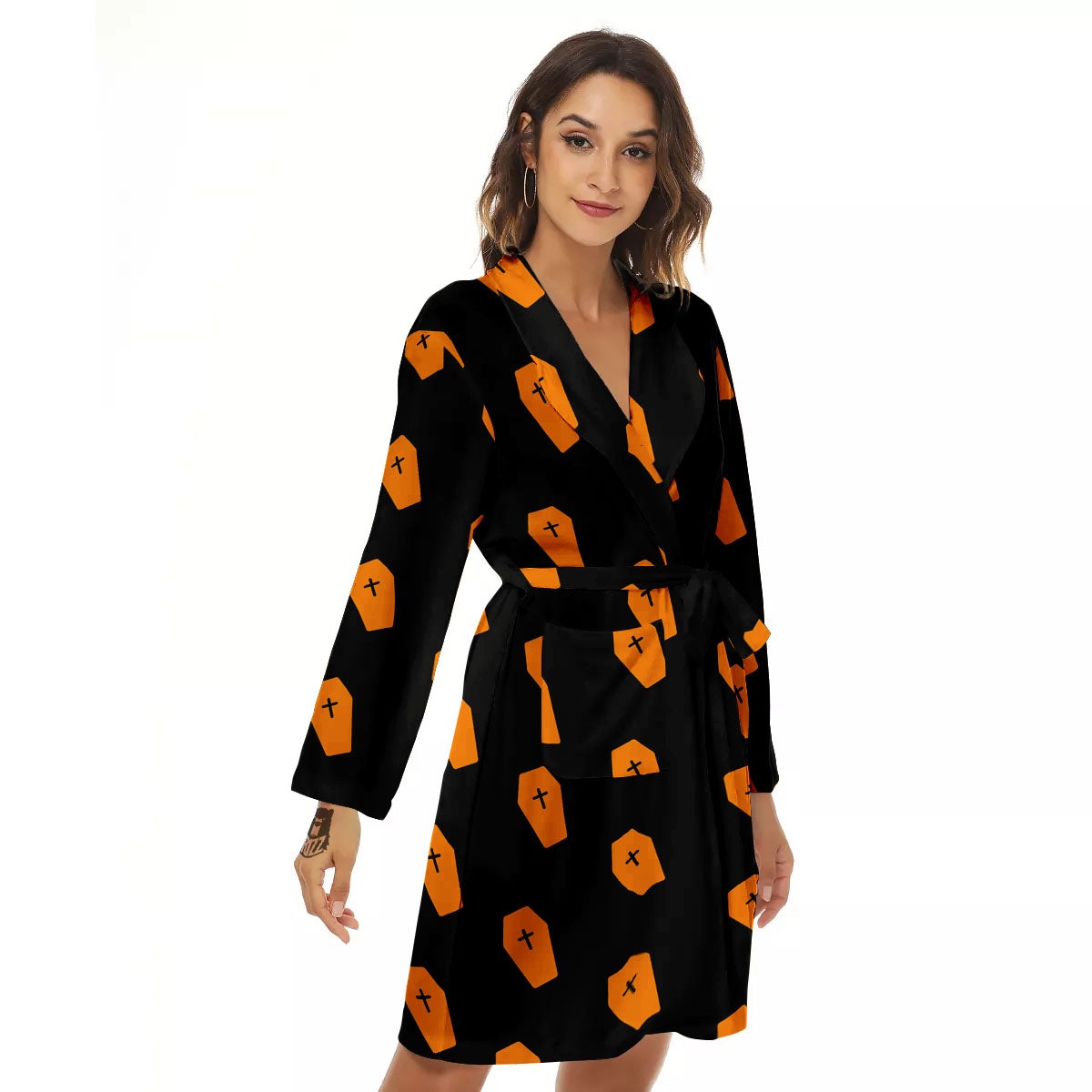 Coffin Orange Halloween Print Pattern Women's Robe-grizzshop