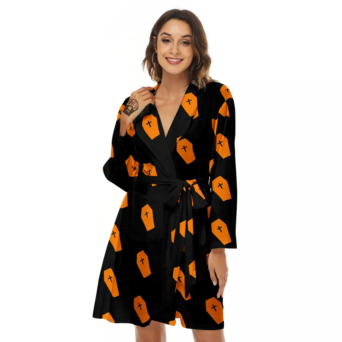Coffin Orange Halloween Print Pattern Women's Robe-grizzshop