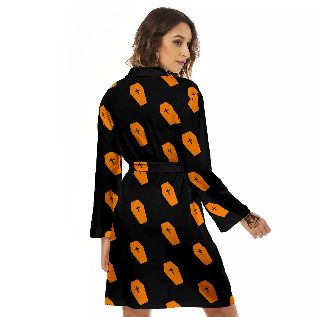 Coffin Orange Halloween Print Pattern Women's Robe-grizzshop