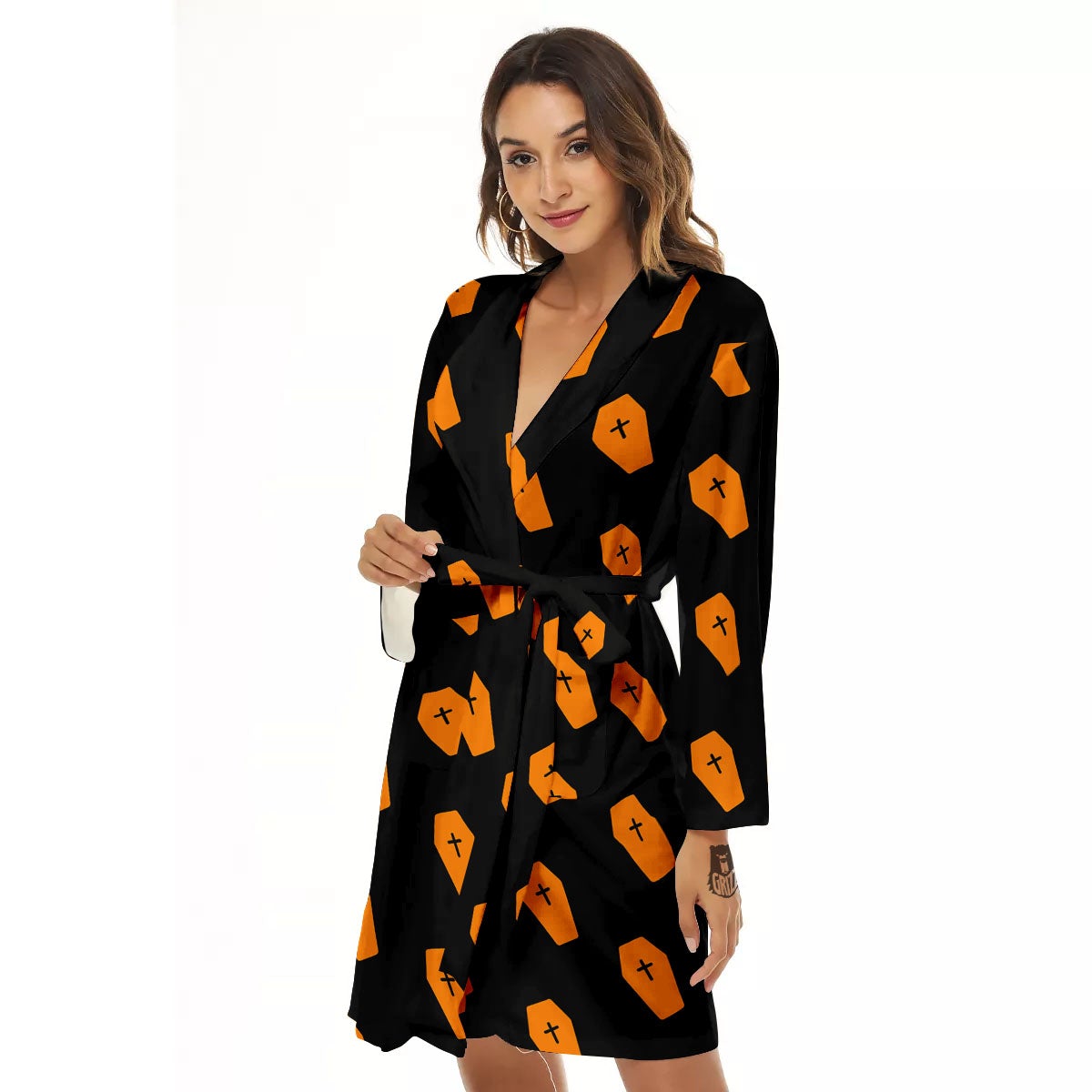 Coffin Orange Halloween Print Pattern Women's Robe-grizzshop