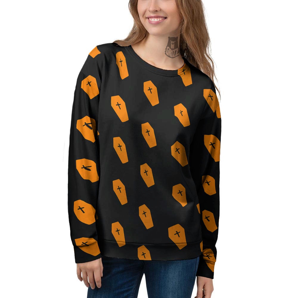 Coffin Orange Halloween Print Pattern Women's Sweatshirt-grizzshop