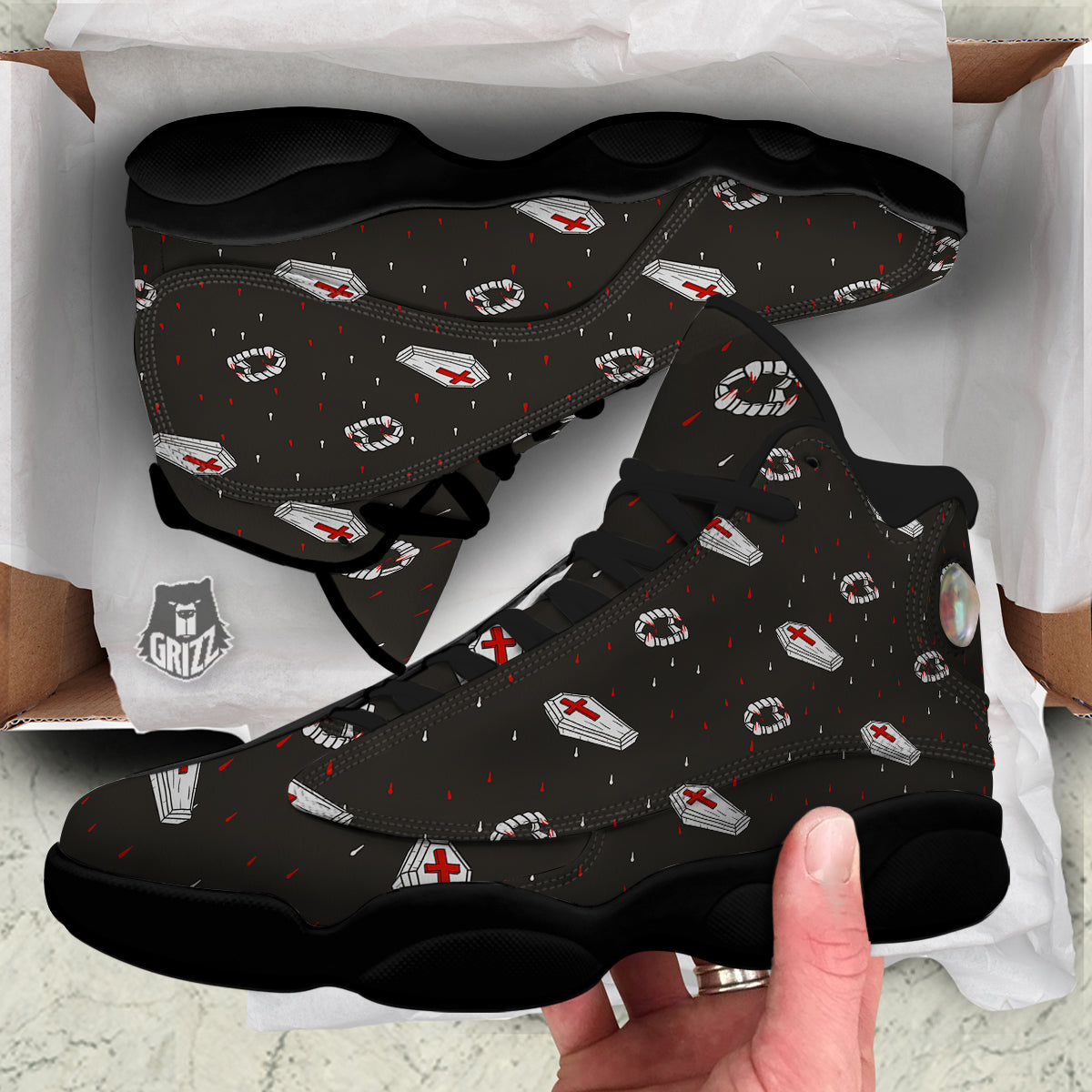 Coffin Vampire Print Pattern Black Basketball Shoes-grizzshop