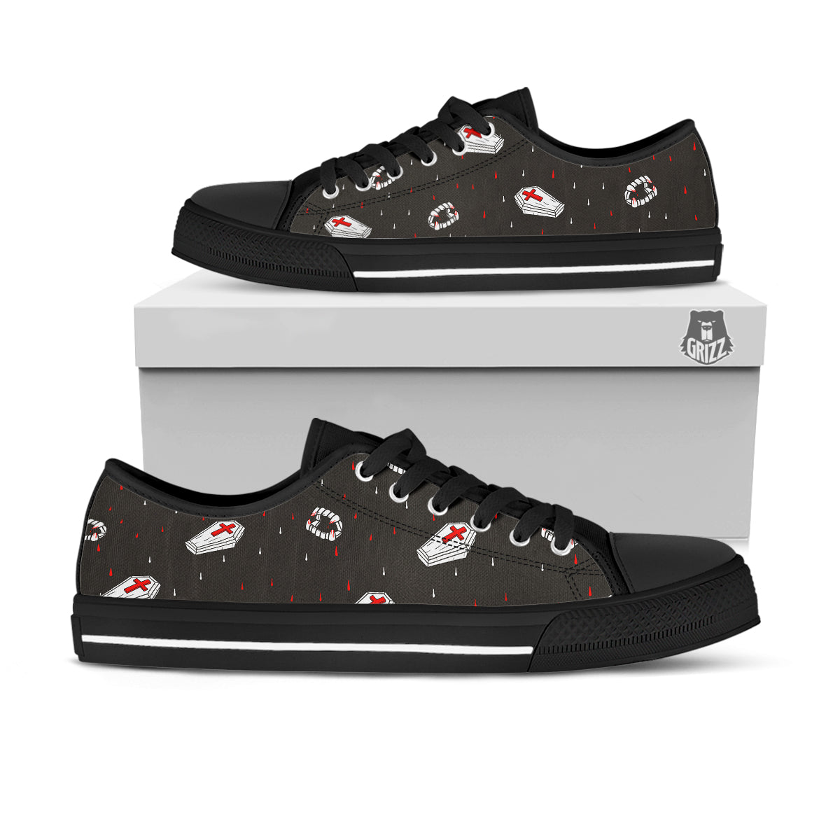 Coffin Vampire Print Pattern Black Low Top Shoes-grizzshop