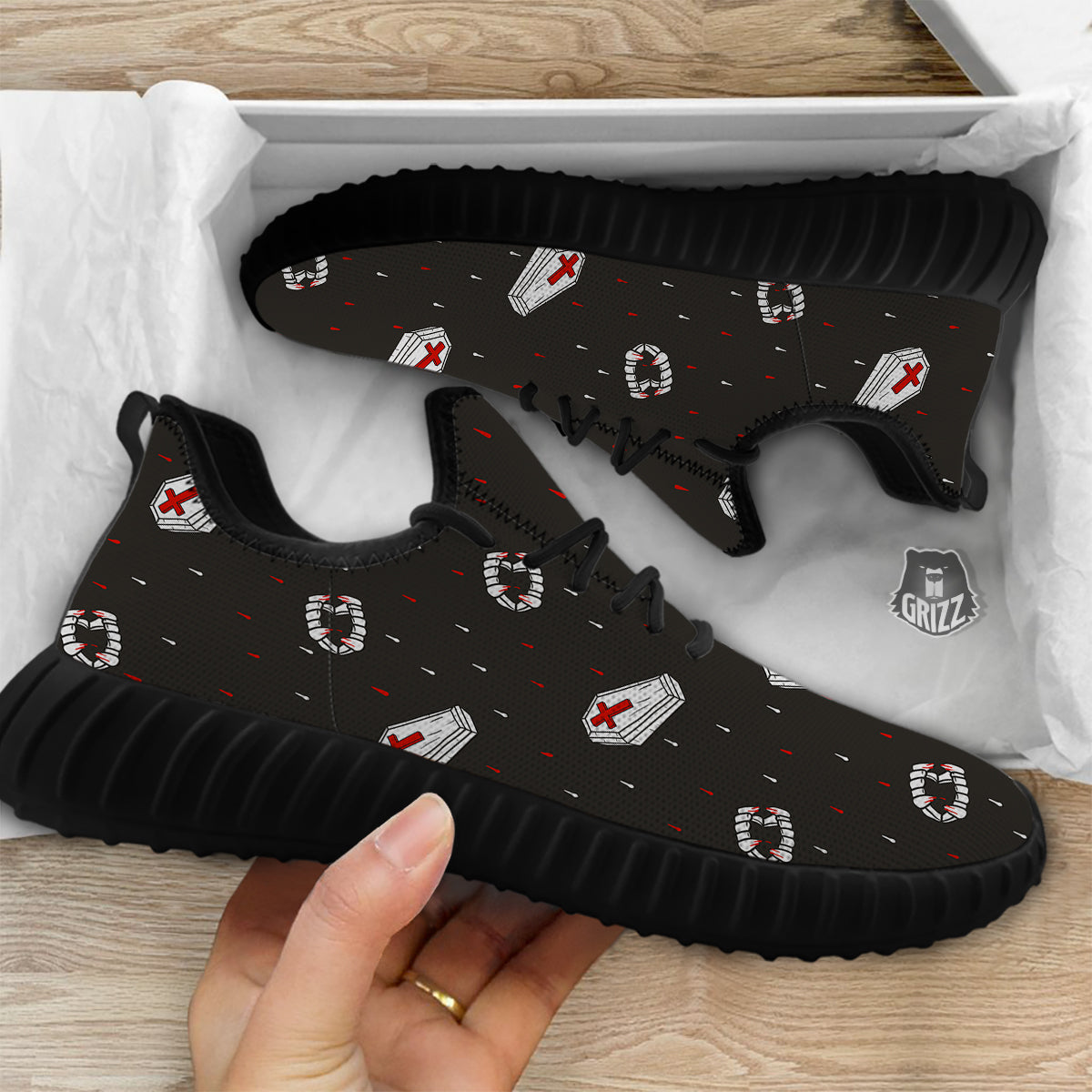 Coffin Vampire Print Pattern Black Walking Shoes-grizzshop
