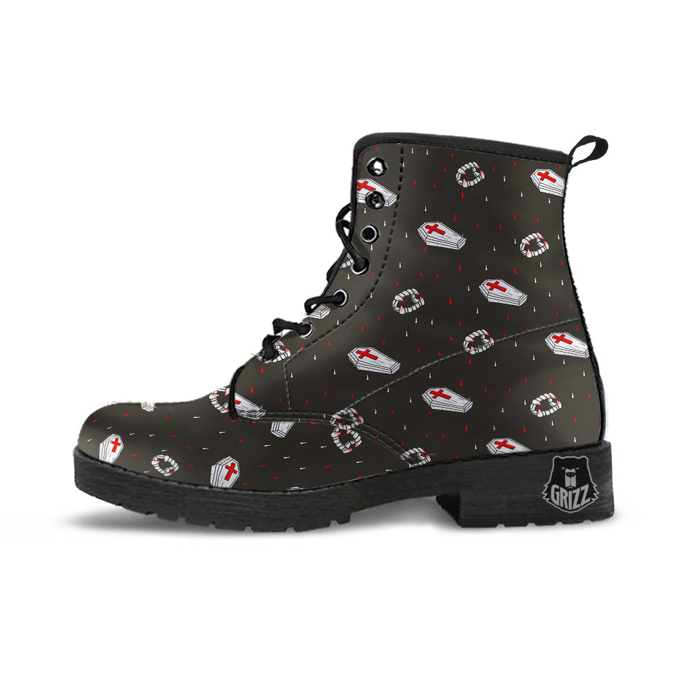 Coffin Vampire Print Pattern Leather Boots-grizzshop