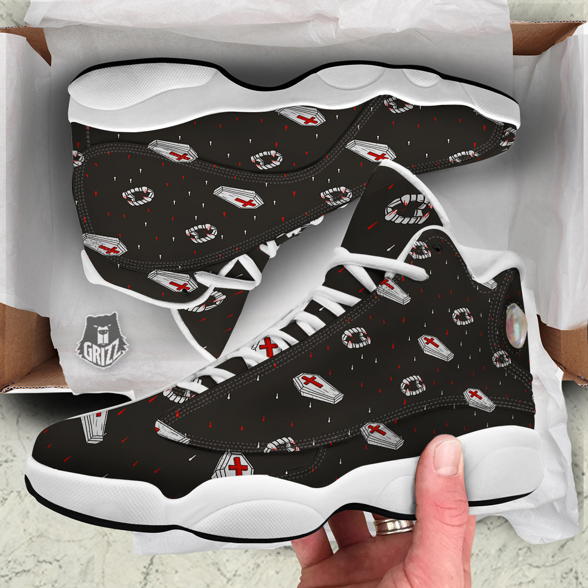 Coffin Vampire Print Pattern White Basketball Shoes-grizzshop