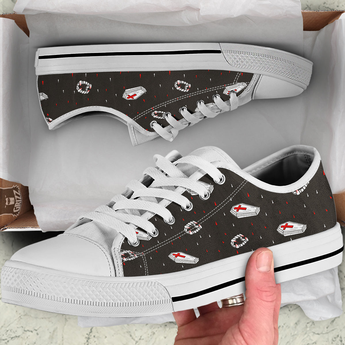 Coffin Vampire Print Pattern White Low Top Shoes-grizzshop