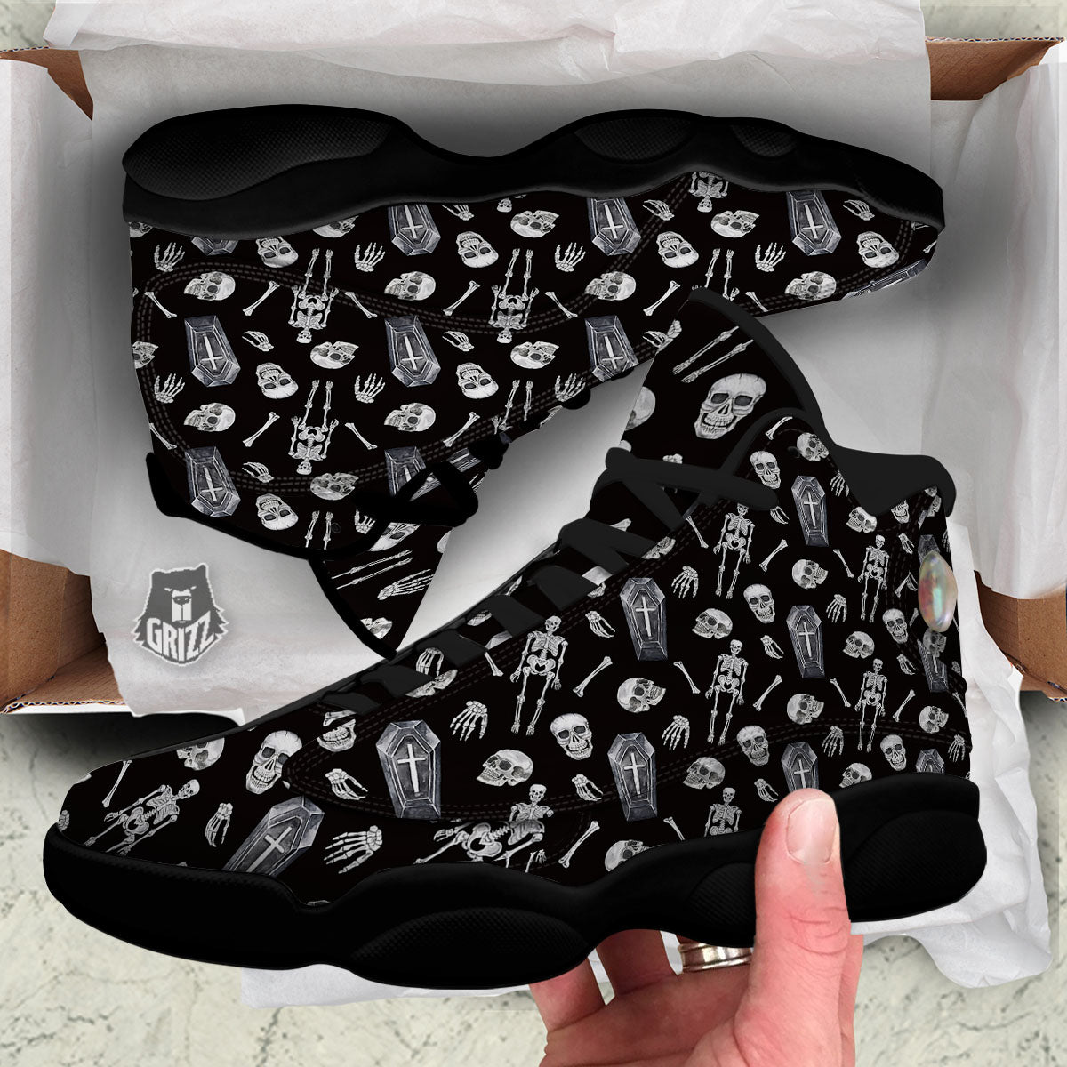 Coffin White And Black Print Pattern Black Basketball Shoes-grizzshop