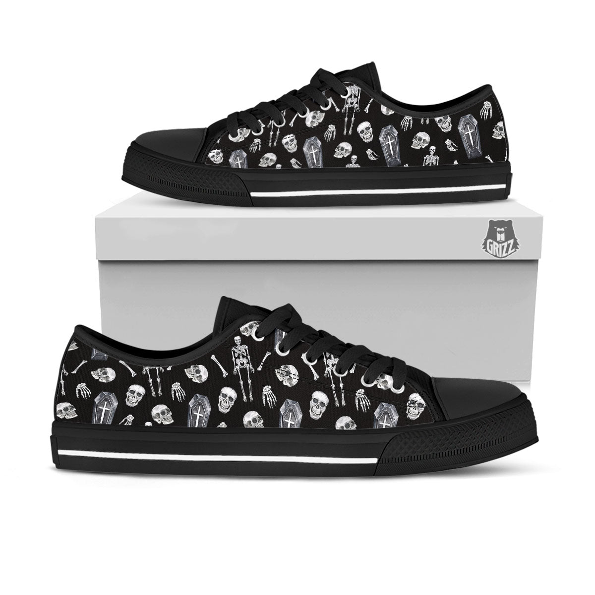 Coffin White And Black Print Pattern Black Low Top Shoes-grizzshop